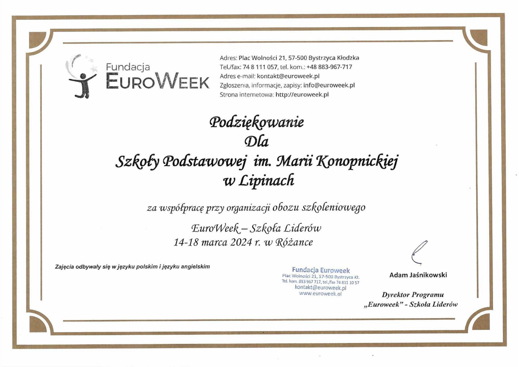 Podziękowanie dla szkoły za współpracę przy organizacji obozu szkoleniowego EuroWeek