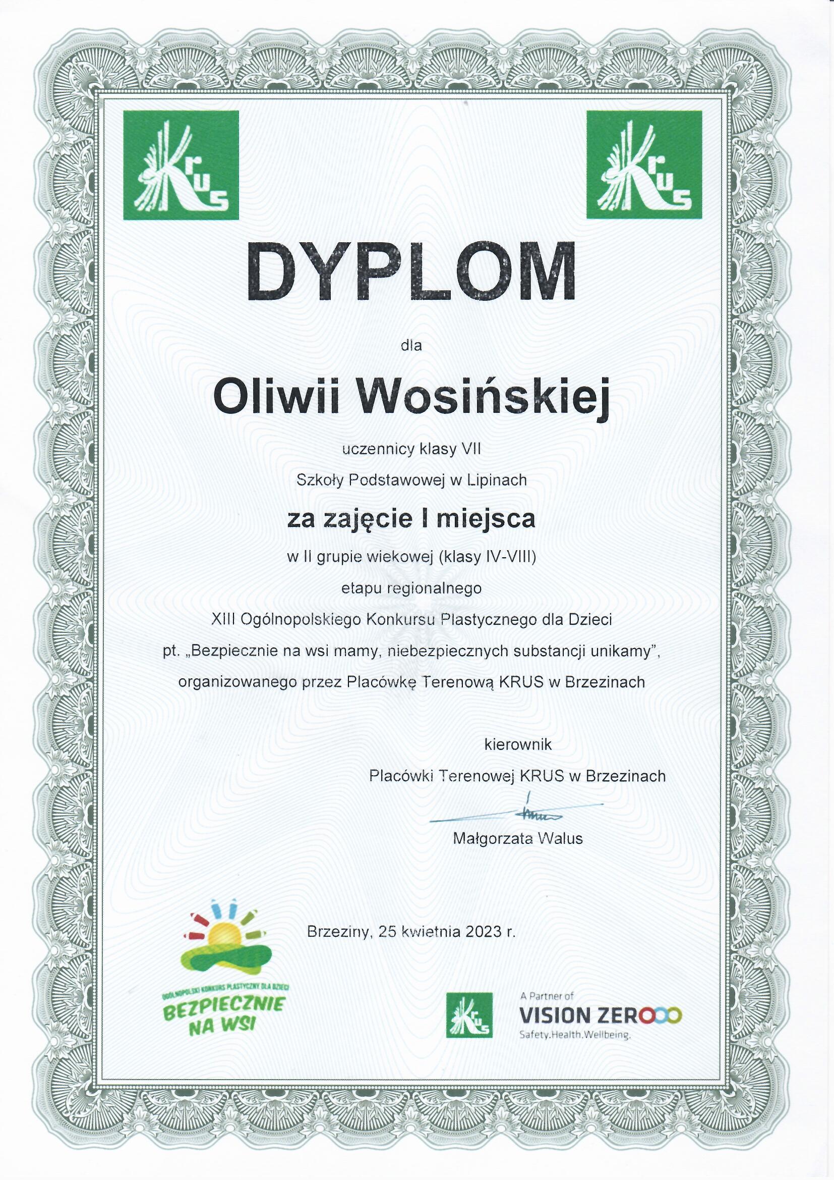 dyplom Oliwii Wosińskiej
