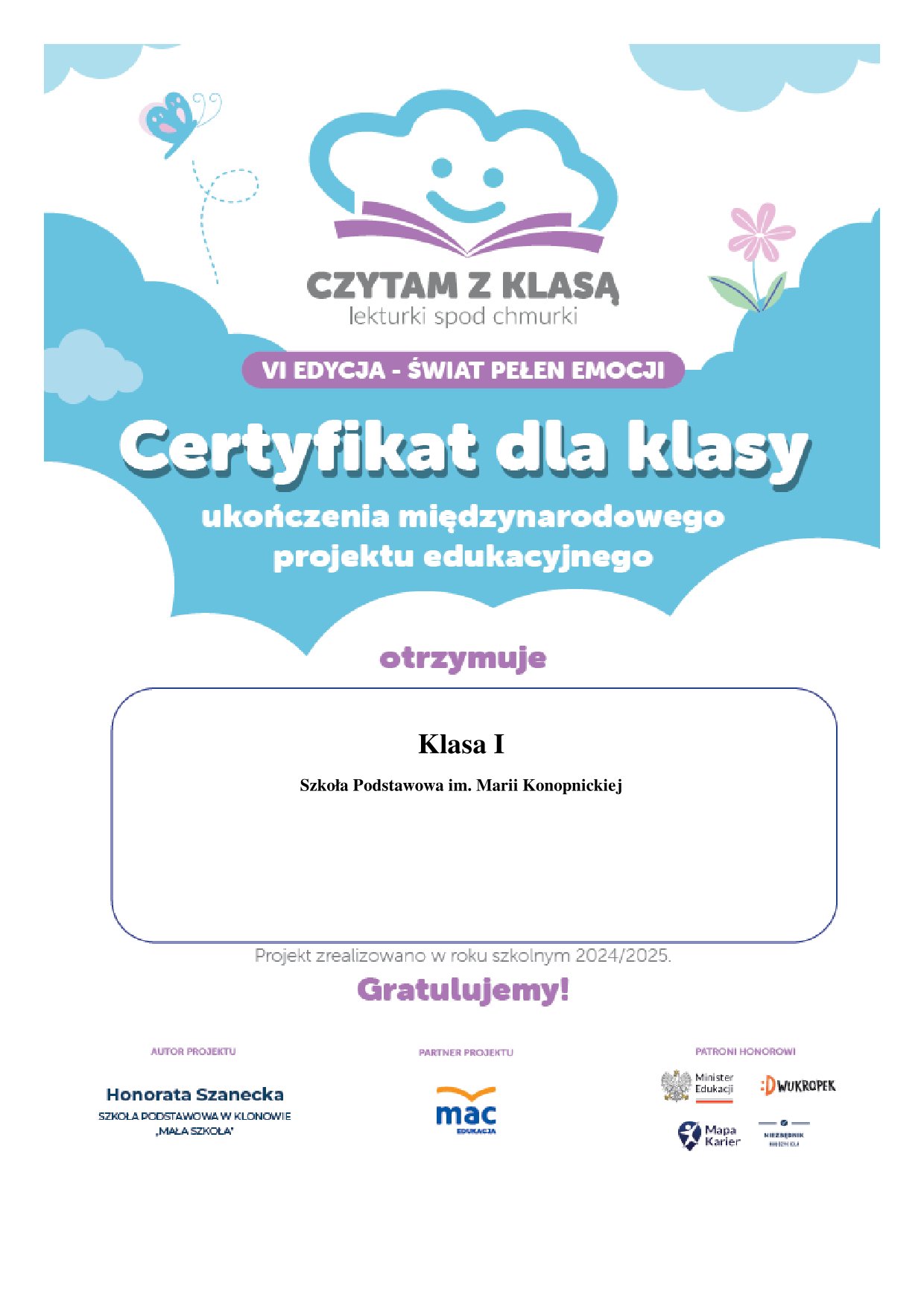 Certyfikat projektu edukacego "Czytam z klasą" - Lekturki spod chmurki