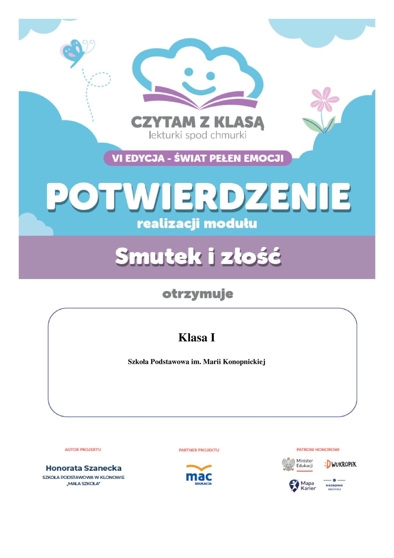 Potwierdzenie realizacji modułu II Smutek i złość